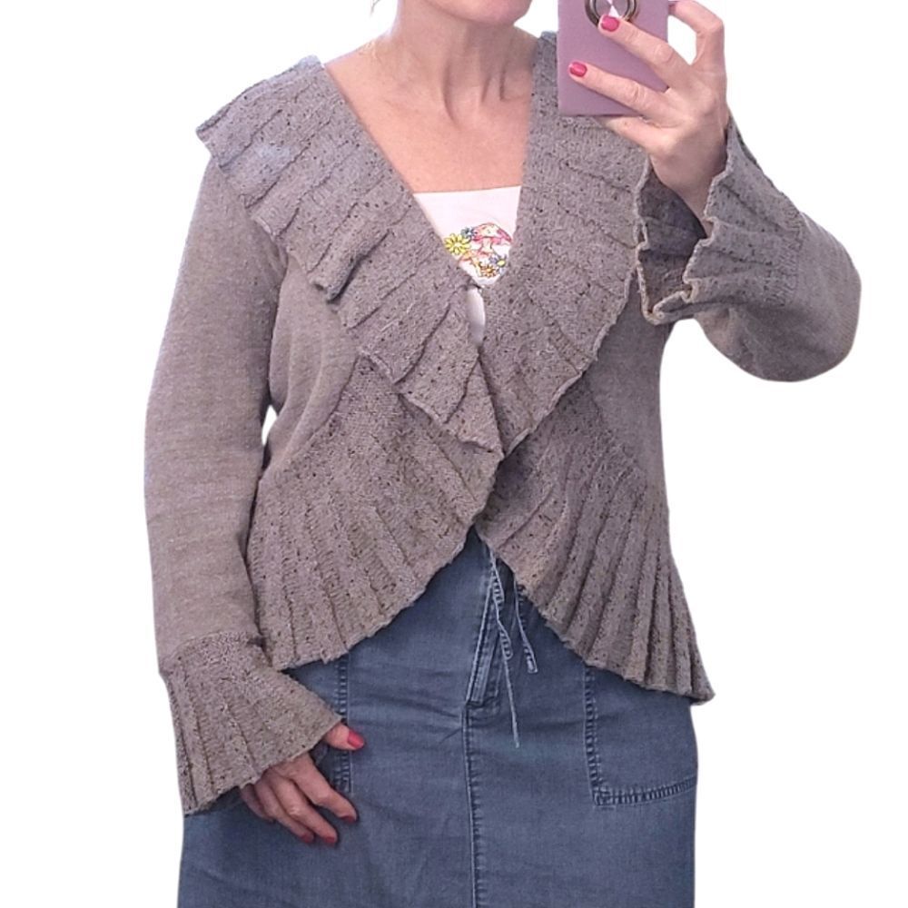 Style & Co. Grey Ruffled Longline Bell Sleeves Fairycore Knit Cardigan XL